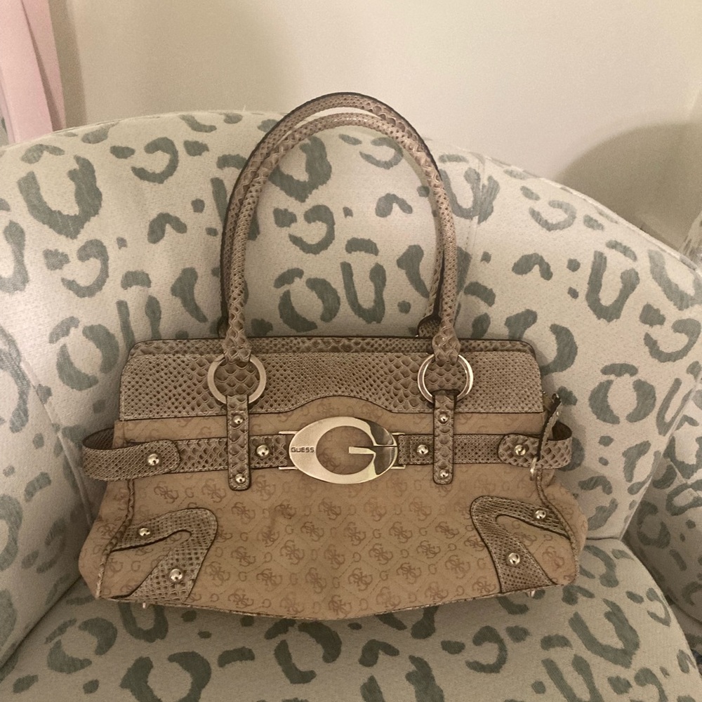 Guess Beige/Tan Monogram Satchel with Gold Hardware